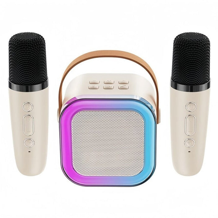 Set Karaoke Portabil cu Boxă 5W, 2 Microfoane Wireless, Bluetooth, Lumini RGB, Moduri Multiple de Redare, Bej – Cadoul Perfect pentru Copii și Adulți