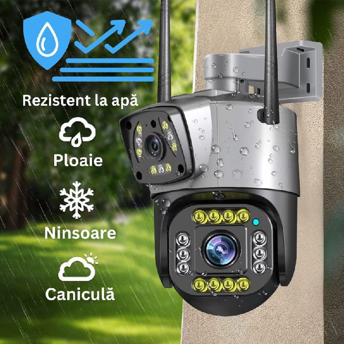 Cameră Supraveghere Dublă WiFi/LAN , 2 Lentile 8MP, PTZ 350°, Night Vision, Audio Bidirecțional, IP67, Card 64GB, V380Pro