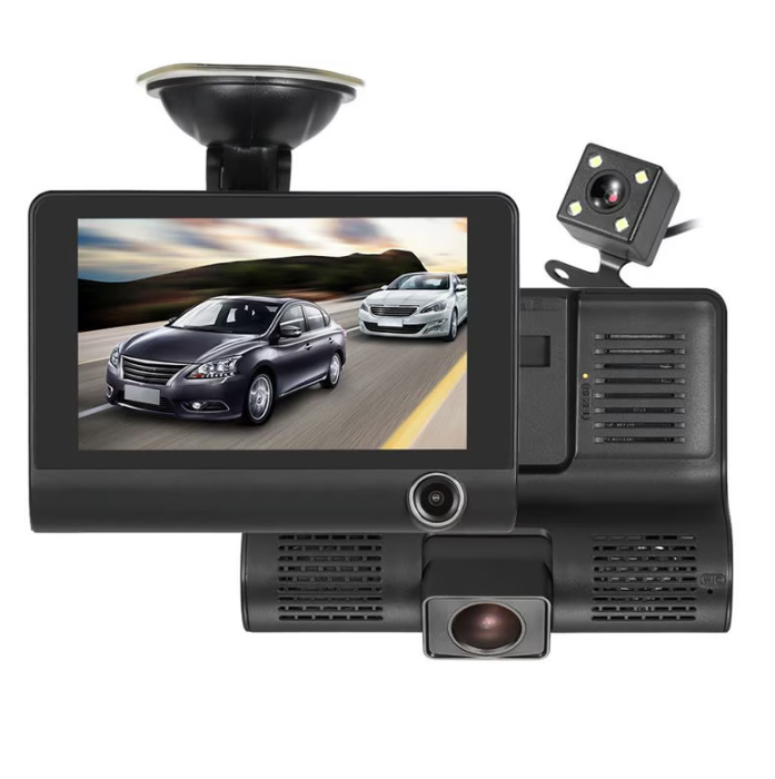 Cameră Auto 3 în 1 Full HD, Filmare Față-Spate-Interior, Ecran 4", Unghi 170°, Night Vision, G-Sensor, Playback, Loop Recording