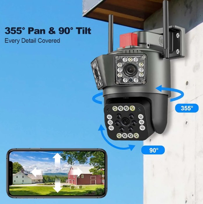 Camera de Supraveghere Tripla WIFI, 12MP, Exterior/Interior, Ultra HD, 5X zoom, Rotire, Leduri, Lumina, Comunicare Bidirectionala, Alarma, Senzor Miscare