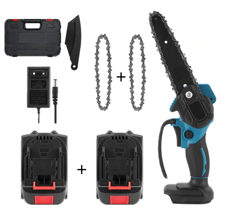 Drujbă Electrică Fără Fir, Lamă 4", 2 Acumulatori 48V, 2 Lanturi , Valiză Transport și Accesorii,