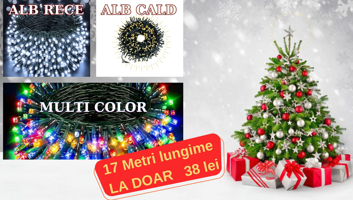 Instalatie brad cu 200 LED-uri, lungime 17m, 8 jocuri de lumini, Multicolor, Alb rece sau cald