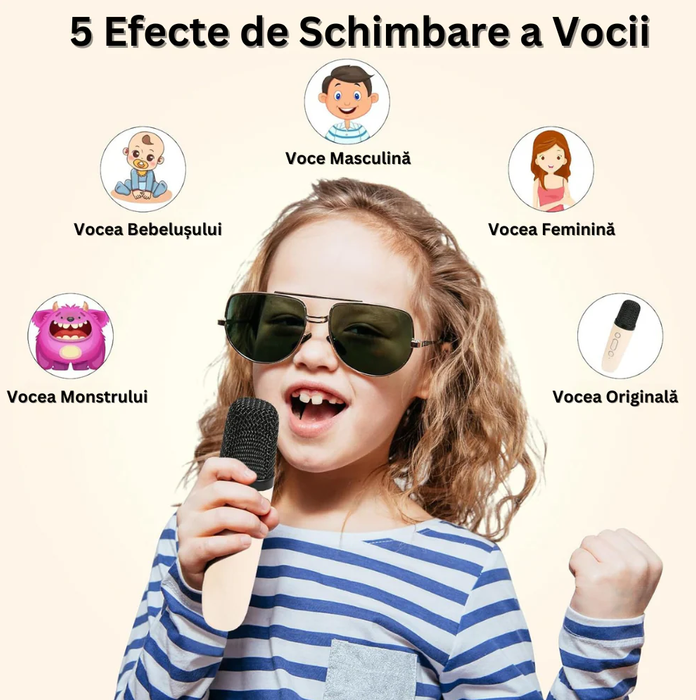 Set Karaoke Portabil cu Boxă 5W, 2 Microfoane Wireless, Bluetooth, Lumini RGB, Moduri Multiple de Redare, Bej – Cadoul Perfect pentru Copii și Adulți