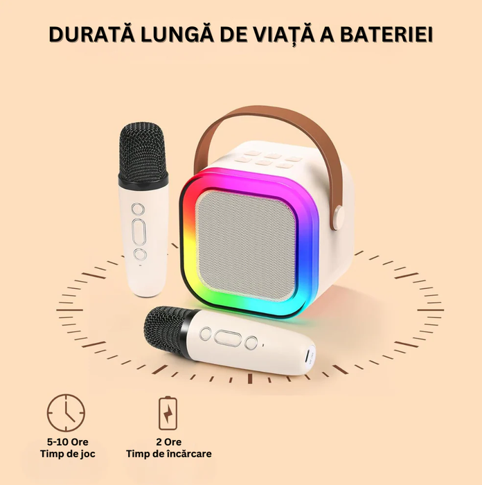 Set Karaoke Portabil cu Boxă 5W, 2 Microfoane Wireless, Bluetooth, Lumini RGB, Moduri Multiple de Redare, Bej – Cadoul Perfect pentru Copii și Adulți