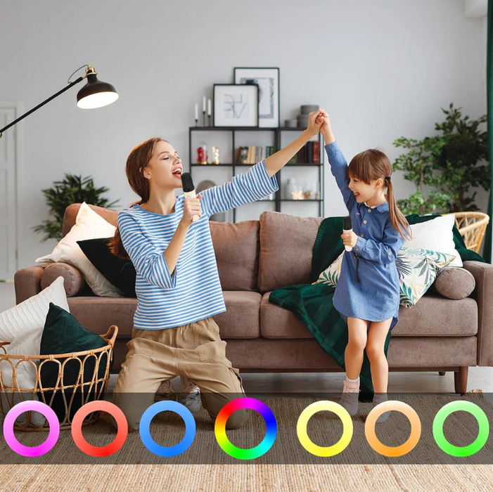 Set Karaoke Portabil cu Boxă 5W, 2 Microfoane Wireless, Bluetooth, Lumini RGB, Moduri Multiple de Redare, Bej – Cadoul Perfect pentru Copii și Adulți