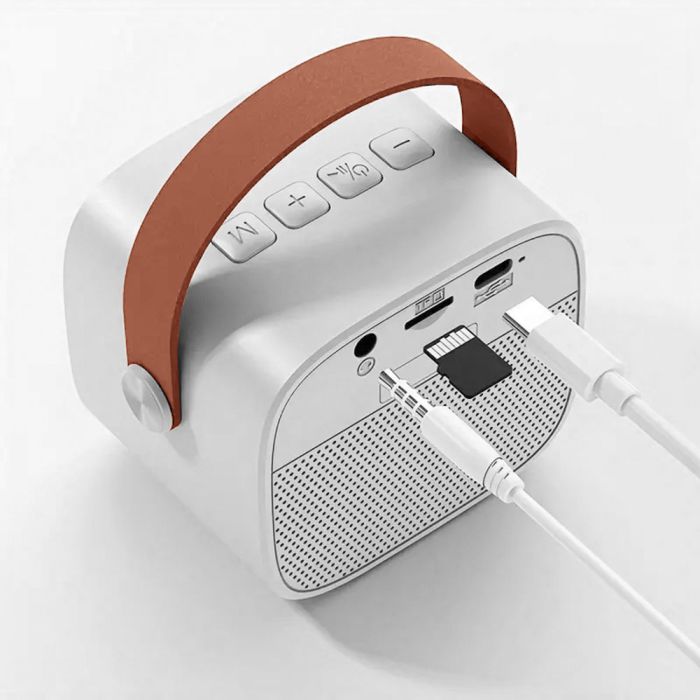 Set Karaoke Portabil cu Boxă 5W, 2 Microfoane Wireless, Bluetooth, Lumini RGB, Moduri Multiple de Redare, Bej – Cadoul Perfect pentru Copii și Adulți