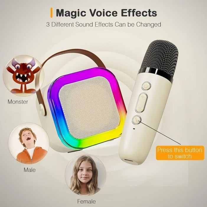 Set Karaoke Portabil cu Boxă 5W, 2 Microfoane Wireless, Bluetooth, Lumini RGB, Moduri Multiple de Redare, Bej – Cadoul Perfect pentru Copii și Adulți