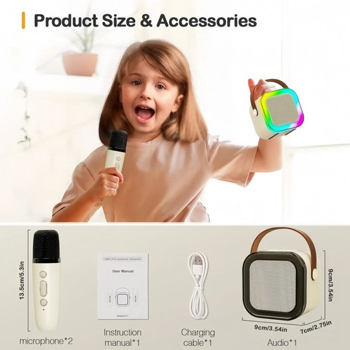 Set Karaoke Portabil cu Boxă 5W, 2 Microfoane Wireless, Bluetooth, Lumini RGB, Moduri Multiple de Redare, Bej – Cadoul Perfect pentru Copii și Adulți