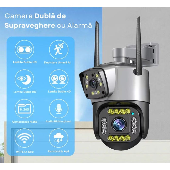 Cameră Supraveghere Dublă WiFi/LAN , 2 Lentile 8MP, PTZ 350°, Night Vision, Audio Bidirecțional, IP67, Card 64GB, V380Pro