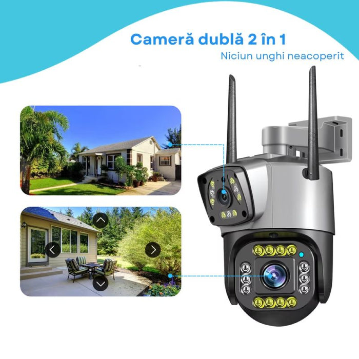 Cameră Supraveghere Dublă WiFi/LAN , 2 Lentile 8MP, PTZ 350°, Night Vision, Audio Bidirecțional, IP67, Card 64GB, V380Pro