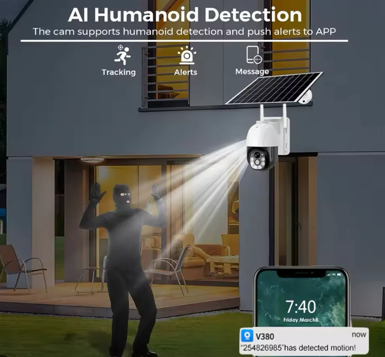Camera de Supraveghere WiFi Dasgut™ IP66, Full HD 1920x1080, V380 Pro, cu Panou Solar și Acumulator 12000mAh