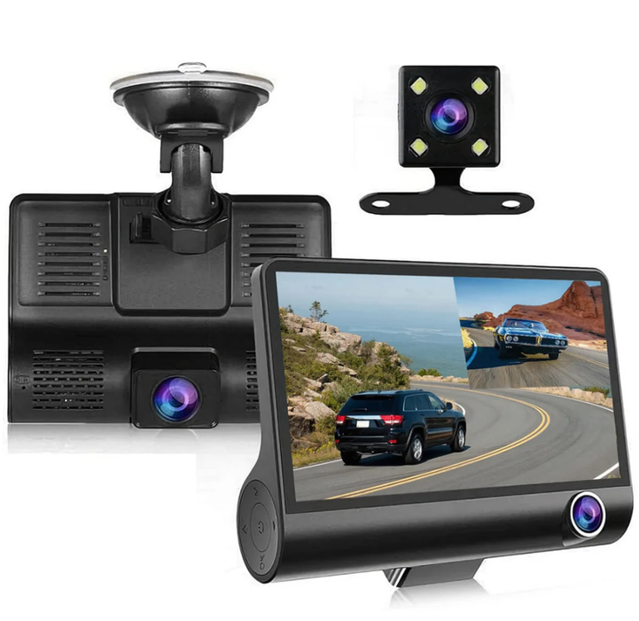 Cameră Auto 3 în 1 Full HD, Filmare Față-Spate-Interior, Ecran 4", Unghi 170°, Night Vision, G-Sensor, Playback, Loop Recording