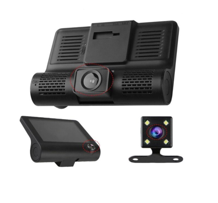 Cameră Auto 3 în 1 Full HD, Filmare Față-Spate-Interior, Ecran 4", Unghi 170°, Night Vision, G-Sensor, Playback, Loop Recording