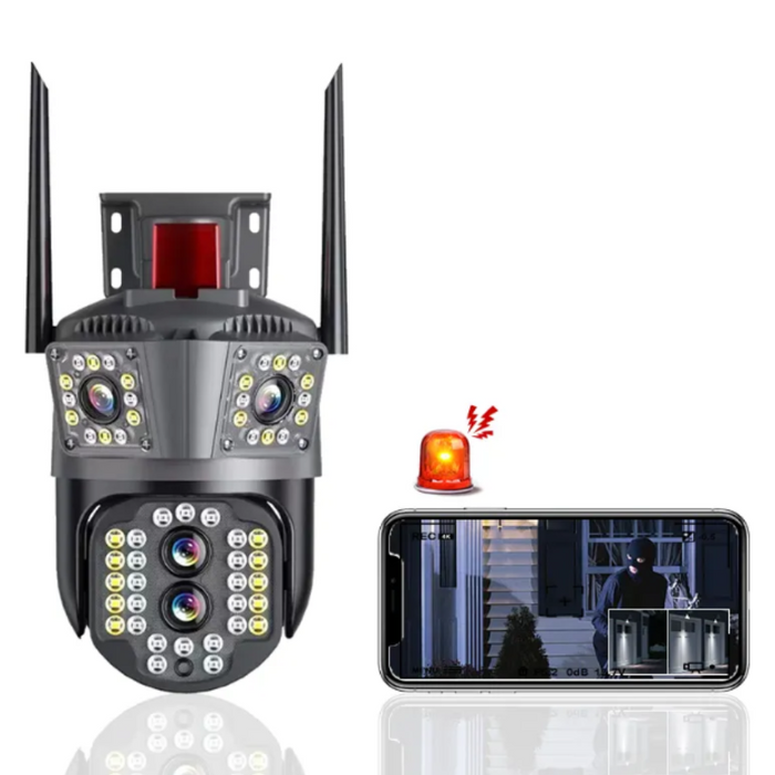 Camera de Supraveghere Tripla WIFI, 12MP, Exterior/Interior, Ultra HD, 5X zoom, Rotire, Leduri, Lumina, Comunicare Bidirectionala, Alarma, Senzor Miscare