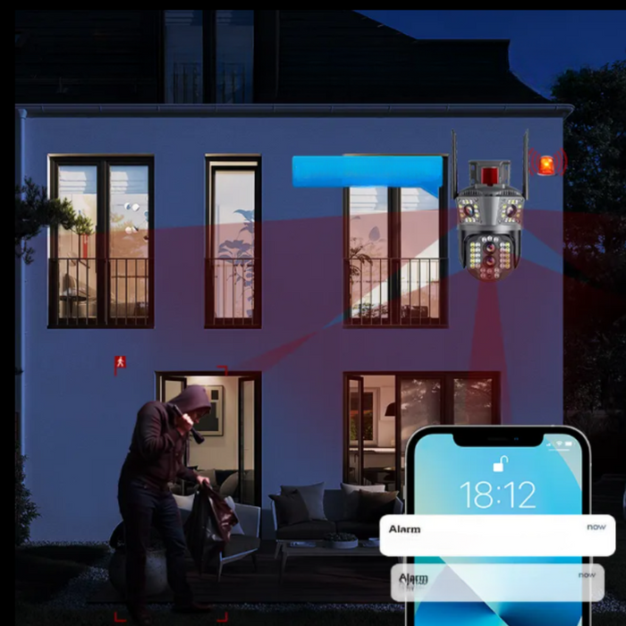 Camera de Supraveghere Tripla WIFI, 12MP, Exterior/Interior, Ultra HD, 5X zoom, Rotire, Leduri, Lumina, Comunicare Bidirectionala, Alarma, Senzor Miscare
