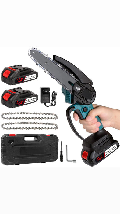 Drujbă Electrică Fără Fir, Lamă 4", 2 Acumulatori 48V, 2 Lanturi , Valiză Transport și Accesorii,