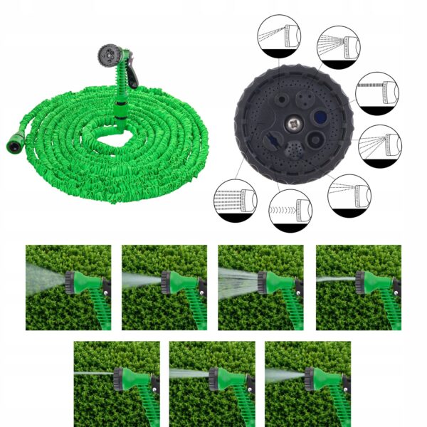 Furtun Extensibil 45m cu Pulverizator Multifuncțional GRATUIT, 7 Jeturi, Conector Inclus, Verde – Ușor, Flexibil și Durabil